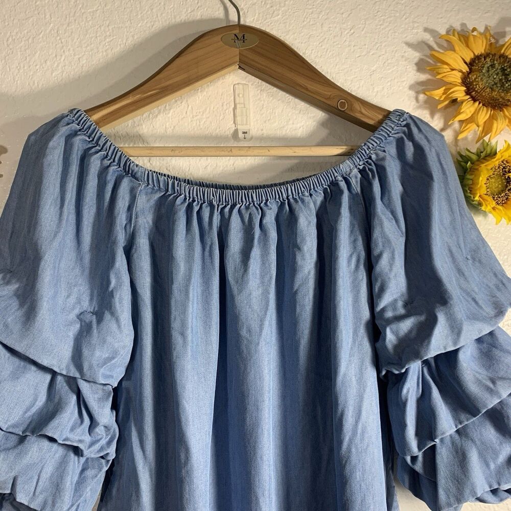 Zara Woman Blue Denim Ruffle Tiered Sleeve Short Off The Shoulder Dress Size XS - Picture 4 of 9